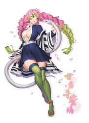 bangs big_breasts braided_hair cleavage cute demon_slayer female female_only full_body green_eyes haori kaburamaru kanroji_mitsuri kimetsu_no_yaiba long_hair long_sleeves mole_under_eye no_bra open_shirt pink_hair plain_background pleated_skirt sandals smile snake solo thick_thighs thighhighs two_tone_hair unbuttoned_shirt uniform very_long_hair wearing_others_clothes white_background zettai_ryouiki