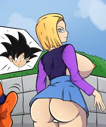 1boy 1boy1girl 1girls android_18 angry ass big_ass big_balls big_breasts big_butt big_penis bubble_butt bulge clothed_female dragon_ball dragon_ball_z erection erection_under_clothes milf moderngero56 nipples outdoors son_goten