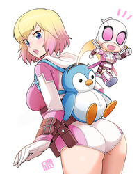 1girls ass belt blonde_hair blue_eyes bowieknife breasts chibi gradient_hair gwen_poole gwenpool gwenpool_(series) highres holding hood katana leotard looking_at_viewer marvel marvel_comics mask multicolored_hair open_mouth penguin_backpack pink_hair pink_leotard pouch short_hair simple_background smile solo superhero sword thick_thighs two-tone_hair weapon