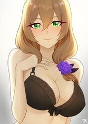 1girls alternate_costume backlighting big_breasts black_bra black_eyebrows blonde blonde_hair blush blushing blushing_at_viewer bra breasts brows chin dark_blonde dark_blonde_hair dirty_blonde dirty_blonde_hair drawtasu eyebrows eyebrows_visible_through_hair female flower flower_hair_ornament flower_in_hair genshin_impact gray_background green_eyes hair hair_accessory hair_between_eyes hair_ornament hair_over_shoulder hand_over_breasts high_resolution highres human human_only image lisa_(genshin_impact) long_hair looking_at_viewer plain_background potrait purple_hair_ornament sandy_blonde sandy_blonde_hair simple_background solo watermark wholesome