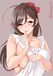 ahoge apron areola_slip big_breasts blush brown_hair ebifurya female female_only hair_ribbon hairclip kantai_collection long_hair looking_at_viewer mamiya_(kantai_collection) naked_apron ponytail purple_eyes sideboob smile solo