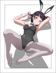 1girls batta_16-sei black_hair blush bowtie breasts bunny_ears bunny_girl bunnysuit female female_only kirigaya_suguha large_breasts looking_at_viewer lying lying_down no_shoes pantyhose playing_with_hair short_hair solo spread_legs sword_art_online