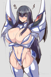 1girls big_breasts black_hair blush breasts eye_contact female gloves huge_breasts junketsu kill_la_kill kiryuuin_satsuki large_breasts long_hair looking_at_viewer partially_clothed rururu82010664 simple_background solo thick_thighs thighhighs thighs voluptuous