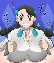 1boy 1girls alolanfirestone alternate_breast_size big_breasts black_hair braided_hair breasts brown_eyes button_down_shirt candice_(pokemon) clothed_paizuri engulfing_paizuri female grin gym_leader hair_ornament happy happy_paizuri happy_sex highres huge_breasts large_breasts looking_at_viewer male nintendo paizuri paizuri_lead_by_female paizuri_on_lap pokemon pokemon_dppt pov pov_eye_contact pov_paizuri smile smirk straight