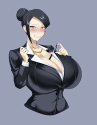 1girls absurd_res bijin_onna_joushi_takizawa-san black_hair blush breasts clothing collared_shirt dress_shirt female female_only female_solo formal_clothes grey_background hi_res huge_breasts large_breasts long_hair long_sleeves looking_at_viewer mature mature_female milf nervous owner owner_(artist) plain_background shirt simple_background solo sweat takizawa_kyouko upper_body