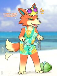 absurd_res alternate_breast_size animal_crossing anthro anthrofied audie_(animal_crossing) blonde_hair blue_eyes breasts canid canine canis clothed clothing crocodiler_owen eyewear female fur genitals hair hi_res mammal nintendo nipples orange_body pussy smile solo sunglasses video_games wolf