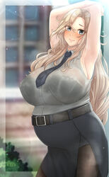 anetani_kiki armpits arms_up big_breasts blonde_hair blue_eyes blush bra_visible_through_clothes female female_only high-waist_skirt hornet_(kantai_collection) huge_breasts kantai_collection lace-trimmed_bra long_hair looking_at_viewer necktie pantyhose pencil_skirt pregnant sleeveless_shirt smile solo sweat wet wet_clothes