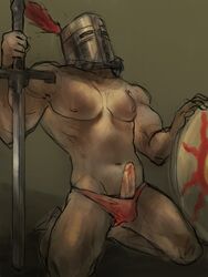 dark_souls erection fromsoftware helmet kneeling knight male male_only masked masked_male muscular muscular_male penis solaire_of_astora solo sword uncensored underwear underwear_only