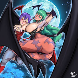 2girls ass big_ass big_breasts cleavage clothing curvaceous curves curvy darkstalkers dat_ass demon_girl fat_ass female female_only flat_chest green_eyes green_hair head_wings hips huge_ass large_ass large_breasts lilith_aensland long_hair morrigan_aensland mr.moudan mr.moundan multiple_girls succubi succubus succubus_wings thick_thighs voluptuous waist wide_hips