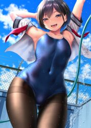 1girls black_hair brown_eyes clouds covered_navel day fence kase_daiki legwear looking_at_viewer one-piece_swimsuit open_mouth outdoors pantyhose pantyhose_under_swimsuit school_uniform short_hair sky smile solo standing swimsuit water wet wet_clothes wet_pantyhose