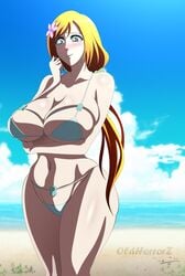 beach big_ass big_breasts big_hips bikini bleach blush colored doujin doujinshi flower_in_hair grey_eyes haikawa_hemlen hips huge_breasts inoue_orihime large_breasts milf oldhorrorz orange_hair swimsuit white_bikini