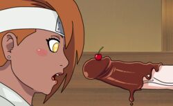 1girls akimichi_chouchou bandana big_penis boruto:_naruto_next_generations brown_hair cherry chocolate_on_penis chocolate_syrup dark-skinned_female dark_skin embarrassed female food_fetish food_on_penis food_penetration food_play imminent_sex interracial large_penis looking_at_penis naruto naruto_(series) penis_awe surprised veiny_penis