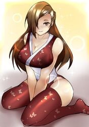 1340smile blush braided_hair breast_focus breast_squeeze brown_hair fire_emblem fire_emblem_fates fire_emblem_heroes hair_over_one_eye kagero_(fire_emblem) kneeling large_breasts long_hair looking_at_viewer nintendo thick_thighs thighhighs traditional_clothes wariza yukata