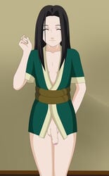 androgynous arm_behind_back black_hair bottomless center_opening closed_eyes closed_legs clothed_female cute_face femboy foreskin genitals haku_(naruto) half-dressed kimono legs_together long_hair male male_only naruto naruto_(classic) naruto_(series) no_underwear open_clothes pale-skinned_femboy pale-skinned_male partially_clothed penis petite rantuahelax retracted_foreskin skinny skinny_male small_penis smile smiling_at_viewer solo solo_focus standing trap twink waving