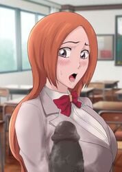 1boy 1girls 2d animated before_and_after bleach blush cant_see_the_haters censored classroom cum_everywhere cum_on_breasts cum_on_clothes dark-skinned_male dark_skin huge_breasts huge_cock inoue_orihime interracial iwao178 juxtaposition large_penis long_hair looking_at_penis mosaic_censoring multiple_penises orange_hair penis_on_face phone photo_comparison public school_uniform shorter_than_30_seconds student surprised tagme tongue_out veiny_penis video