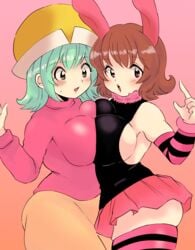 2girls asymmetrical_docking big_breasts blush breast_to_breast breasts brown_hair bunny_ears clothed curvy duo female female/female female_only hat human hunter hunter_x_hunter large_breasts light-skinned_female light_skin long_hair looking_at_viewer multiple_girls pink_hair piyon ponzu shiyo short_hair shounen_jump skirt tagme thick_thighs voluptuous wide_hips yuri