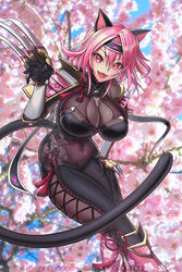 1girls 2021 acquire animal_ears armor bodysuit boob_window breasts cat_ears cat_tail cherry_blossoms claws compile_heart fangs female female_only headband hybridmink idea_factory lesbian light-skinned_female light_skin marvelous neptunia_(series) neptunia_x_senran_kagura_ninja_wars pink_eyes pink_hair sakura senran_kagura solo tamsoft yuuki_(neptunia_x_senran_kagura_ninja_wars)