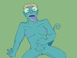 1boy blonde_hair boner erection green_skin hunter_x_hunter jacking_off male male_only masturbation meleoron_(hunter_x_hunter) monochrome_background nude penis reptile_humanoid solo solo_male tongue_out v1ntagebenz