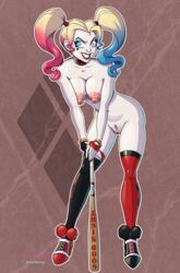 baseball_bat batman_(series) big_breasts black_nail_polish blonde_hair blue_eyes breasts choker dazzlekong dc dyed_hair earrings eyeshadow female female_only fingerless_gloves harleen_quinzel harley_quinn harley_quinn_(2019) harley_quinn_(series) high_heels makeup mismatched_legwear multicolored_hair naked nipples nude pale-skinned_female pale_skin pubic_hair puffy_nipples red_and_black smile solo solo_female tagme