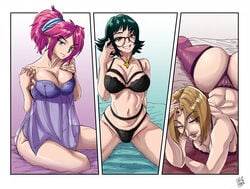 3girls aarokira ass big_ass big_breasts black_hair blonde_hair bra breasts curvy female female_only glasses human hunter_x_hunter large_breasts lingerie looking_at_viewer machi_komacine negligee nose pakunoda pale-skinned_female pale_skin panties phantom_troupe pink_hair shizuku_murasaki short_hair shounen_jump tagme thick_thighs thighhighs villainess wide_hips