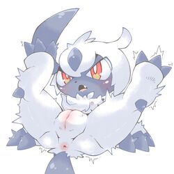 absol anus blush claws female feral fur furry genitals hi_res horn mukomizu nintendo nipples open_mouth pokémon_(species) pokemon pokemon_(species) pussy simple_background solo spread_legs spreading video_games white_body white_fur