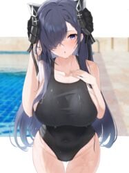 1girls :o august_von_parseval_(azur_lane) azur_lane black_swimsuit blue_hair breasts bursting_breasts clavicle clothing competition_swimsuit covered_navel female futon_fly_away hair_over_one_eye hand_in_hair horns huge_breasts iron_blood_(emblem) large_breasts long_hair navel one-piece_swimsuit overflowing_breasts pool poolside purple_eyes sideboob solo swimsuit tank_suit tight_clothing tight_swimsuit very_long_hair water wet wet_clothes wet_hair wet_swimsuit