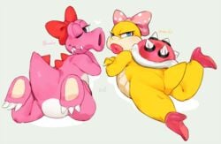 2girls anthro bebebebebe big_lips big_tail birdo chubby eyelashes female heart high_heels koopa koopaling lips mario_(series) nintendo pink_scales scales tail video_games wendy_o._koopa wink