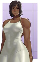 1girls artist_name avatar_legends blue_eyes blush bracelet brown_hair brown_lips clothed clothing covered_abs dark-skinned_female dark_skin dress female female_protagonist gold_choker gud0c korra looking_at_viewer medium_breasts muscular muscular_female nose nose_piercing piercing raised_eyebrow short_hair silver_dress smooth_skin solo standing the_avatar the_legend_of_korra veins veiny_arms water_tribe wide_hips