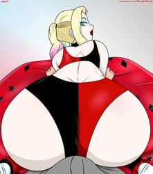 1girls ass batman_(series) big_ass blaze_(artist) blonde_hair blue_eyes bulge bulge_between_ass_buttocks bulge_through_clothing buttjob clothed clothing dc dc_comics female female_focus harleen_quinzel harley_quinn harley_quinn_(2019) harley_quinn_(series) lipstick looking_back male partial_male twintails