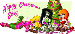 1boy 2girls black_hair blonde_hair bondage bound bound_arms bound_legs bulge buttplug christmas christmas_tree crossdressing dildo disney disney_channel fake_breasts female femdom gag gagged gift_box gift_wrapped grin hairbow handcuffs high_heels hitachi_magic_wand imminent_sex kim_possible kimberly_ann_possible kneeling large_breasts looking_at_another male multiple_girls nice-ass91 nipple_bulge on_floor on_side orange_hair parted_lips pokies red_lipstick ron_stoppable shego sissy stockings strap-on submissive_male twintails very_long_hair white_background worried wrapped