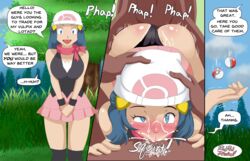 1girls 2boys ambiguous_penetration ass blowjob blue_eyes blue_hair blush cum cum_in_mouth cum_inside dark-skinned_male dark_skin dawn_(pokemon) deepthroat dialogue fellatio female hand_on_head hat high_resolution long_hair nintendo oral panties panties_aside penetration pokemon pokemon_dppt redradrebel sex speech_bubble text uncensored