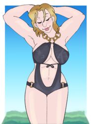 1girls beach big_nose bikini blonde_hair breasts closed_eyes female female_only fully_clothed human hunter_x_hunter large_breasts light-skinned_female light_skin one-piece_swimsuit pakunoda phantom_troupe pin_up short_hair shounen_jump solo solo_female swimsuit v1ntagebenz villainess