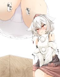 animal_ears ass blush covering_crotch detached_sleeves hands_between_legs hat kneeling mepikari momiji_inubashiri panties red_eyes sweat sweatdrop tagme tail touhou trembling white_hair white_panties wolf_ears wolf_girl wolf_tail