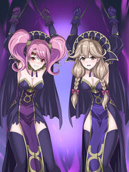 2girls alternate_costume angry armpits arms_above_head arms_up bondage braid breasts brown_eyes brown_hair chained chained_wrists chains cleavage corruption faye_(fire_emblem) female female_only femsub fire_emblem fire_emblem_echoes:_shadows_of_valentia gloves large_breasts long_hair looking_at_viewer mae_(fire_emblem) medium_breasts medium_hair mind_control multiple_girls multiple_subs nintendo pink_hair red_eyes ribimura twin_braids twintails