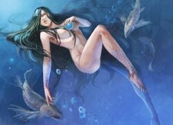 1girls artist_request big_breasts black_hair breasts chimera_ant female female_only fish forehead_jewel humanoid hunter_x_hunter large_breasts long_hair nude palm_siberia shounen_jump solo tagme underwater villainess white_skin