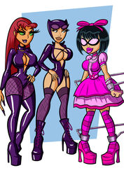 1boy 2girls batman_(series) black_hair boots bound_ankles bound_wrists catwoman cleavage crossdressing dc dc_comics dick_grayson dress female femboy feminization fishnet_stockings fishnets girly green_eyes hair_ribbon high_heel_boots hypnosis large_breasts long_fingernails long_hair looking_at_another male mind_control multiple_girls nice-ass91 pigeon-toed red_hair robin_(dc) robin_(dick_grayson) rule_63 sissy skirt slender_waist standing starfire stockings superheroine thigh_boots wide_hips