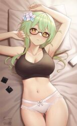 black_shirt cleavage condom condom_wrapper edit edited female_only fukuro_ko_(greentea) genshin_impact green_hair hi_res high_resolution highres laying_down laying_on_bed lingerie looking_at_viewer phone pillow pov smartphone solo solo_female sucrose_(genshin_impact) sweat third-party_edit white_body white_ribbon yellow_eyes