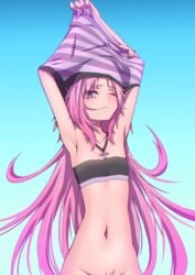 1boy astolfo_(fate) blush eye_contact fate/grand_order fate_(series) femboy girly hej long_hair looking_at_viewer male male_only one_eye_closed pink_hair purple_eyes solo undressing