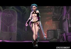 2021 3d animated arcane arcane_jinx armwear belt blue_eyes blue_hair breasts casual clothing crisisbeat explosion female footwear human jinx_(league_of_legends) league_of_legends long_hair nipples no_sound pale_skin pubic_hair public pussy riot_games solo source_request tagme video weapon zaun_(city)