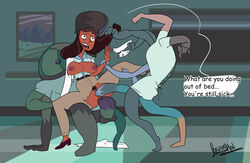 1girls breasts businessman_(artist) cartoon_network cluster_gem_(steven_universe) dark-skinned_female dark_skin double_penetration english_text gem_(species) hair_grab human interspecies milf mutant penis priyanka_maheswaran ripped_clothing speech_bubble steven_universe straight_hair text