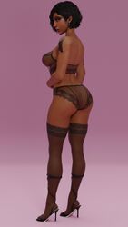 1girls 3d back big_ass big_butt dark-skinned_female dark_skin egyptian female female_only fit fit_female high_heels kaylzara lace-trimmed_bra lace-trimmed_legwear lace-trimmed_panties lace-trimmed_thighhighs lace_bra lace_panties large_ass lingerie looking_back makeup overwatch pharah short_hair solo spankable tattoo