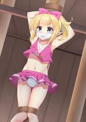 1boy armpits arms_up blonde_hair blue_eyes bound bound_legs bulge cheerleader cheerleader_link cheerleader_uniform crossdressing femboy girly hair_ornament hair_ribbon helpless hips ikazu401 light-skinned_male link long_hair navel panties pointy_ears skirt solo the_legend_of_zelda thighs toon_link trap underwear white_panties young