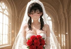 1girl ai_generated bangs bare_shoulders black_hair blush bouquet breasts bridal_veil bride brown_eyes chainsaw_man cleavage closed_mouth collarbone dress elbow_gloves flower gloves holding holding_bouquet indoors kermixx large_breasts long_hair looking_at_viewer low_twintails mitaka_asa petals red_flower red_rose rose smile solo strapless strapless_dress twintails upper_body veil wedding_dress white_dress white_gloves