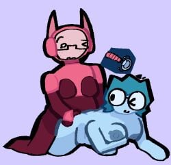 2girls blue_hair chubby chubby_female evilincarn8te female freckles freckles_on_face glasses light_blue_skin nipples original_character penetration penis pink_penis posing purple_body robot small_penis someone_else's_oc trans_woman uterus vagina vaginal vaginal_penetration vaginal_sex