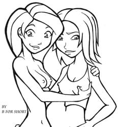 b_for_short bonnie_rockwaller disney female female_only human kim_possible kimberly_ann_possible monochrome multiple_females nipples straight_hair yuri