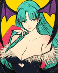 artist_name artist_signature bare_shoulders big_breasts bridal_gauntlets capcom cleavage close_up darkstalkers diamond_cutout female female_focus female_only green_background green_eyes green_hair head_wings lips long_hair morrigan_aensland omiza_zu solo solo_female solo_focus upper_body vampire_(game) vampire_savior wings_on_head
