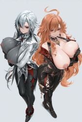 2girls ai_generated arlecchino_(genshin_impact) big_ass big_breasts bust curves female genshin_impact mavuika_(genshin_impact)