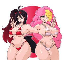 2girls armpits big_breasts breasts curvaceous curvaceous_figure curvy curvy_body curvy_female female female_focus female_only shiny_skin swimsuit tail thick_thighs thighs tongue_out wink yur1