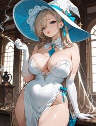 1girl ai_generated alternate_costume arlequin097 arm_support asuna_(blue_archive) asymmetrical_bangs bare_shoulders between_breasts blonde_hair blue_archive blue_eyes blue_necktie blue_ribbon breasts cleavage covered_navel cowboy_shot detached_collar dress earrings elbow_gloves gloves hat holding holding_smoking_pipe indoors jewelry kiseru large_breasts light_brown_hair lips long_hair looking_at_viewer mole mole_on_breast necktie parted_lips pelvic_curtain ribbon side_slit smoke smoking smoking_pipe solo strapless strapless_dress thick_thighs thighs very_long_hair white_dress white_gloves white_headwear witch witch_hat