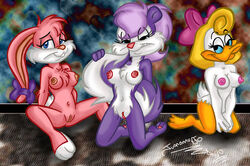 2010 3girls anthro babs_bunny bird black_eyes blonde_hair blue_eyes duck female female_only fifi_la_fume fur furry hair juanomorfo loon mammal multiple_females mustelid nude pink_fur rabbit shirley_the_loon skunk soft_feathers tiny_toon_adventures uncensored